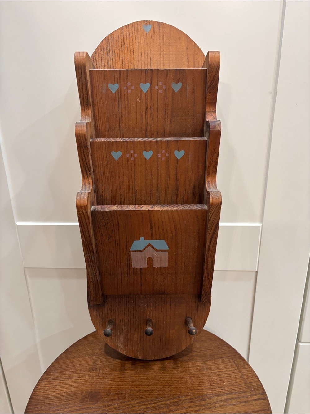 Wood Wall Mail Organizer with Painted Hearts and House Motif